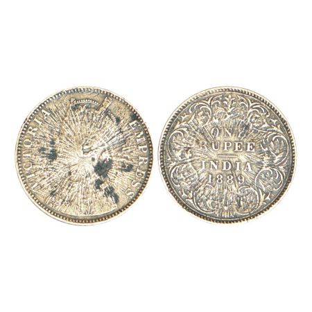 Victoria Empress, error, silver rupee, 1889, Bombay mint, sunburst error on both sides, 11