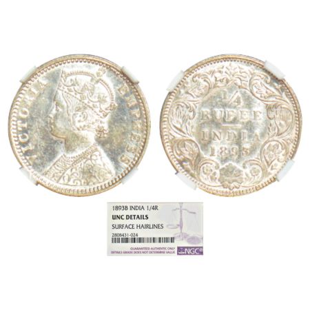 Victoria Empress, silver ¼ rupee, 1893, Bombay mint, C/I/'B' incused, PR 428; GK 724. NGC 