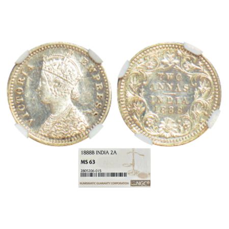 Victoria Empress, silver 2 annas, 1888, Bombay mint, B/II/'B' incused, PR 541; GK 785. NGC