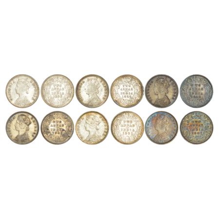 Victoria Empress, silver 2 annas (6), 2x 1888, 1x 1900 and 3x 1901. (6 coins) Very fine to