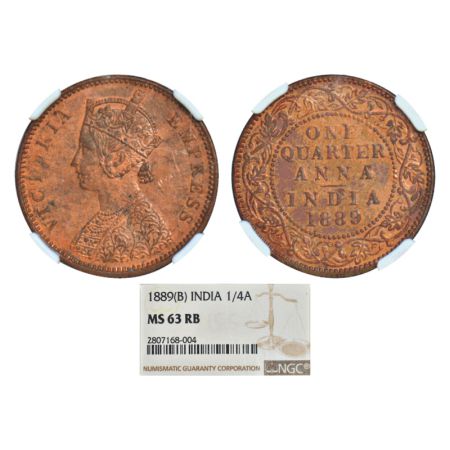 Victoria Empress, copper ¼ anna, 1889, Bombay mint, B/I/no mint mark, PR 644, GK 847. NGC 