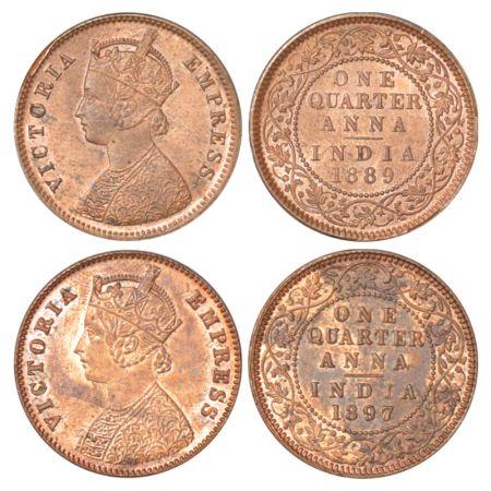 Victoria Empress, copper ¼ anna (2), Calcutta mint, B/II, 1889, PR 622, GK 848, 6.33g and 