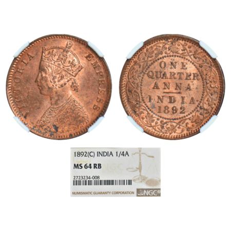 Victoria Empress, copper ¼ anna, 1892, Calcutta mint, B/II/no mint mark, PR 625, GK 851. N