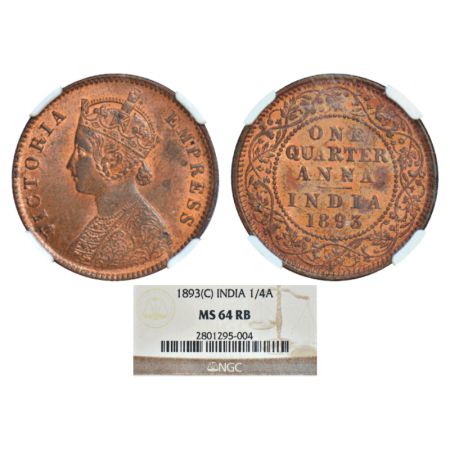 Victoria Empress, copper ¼ anna, 1893, Calcutta mint, B/II/no mint mark, PR 626, GK 852. N