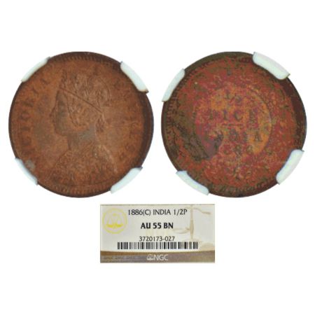 Victoria Empress, copper ½ pice, 1886, Calcutta mint, A/I/no mint mark, PR 718, GK 865. NG