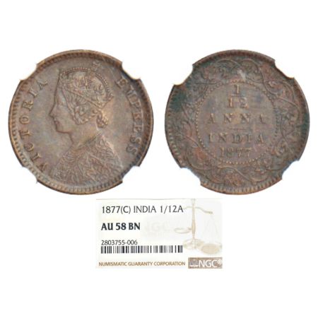 Victoria Empress, copper 1/12 anna, 1877, Calcutta mint, B/no mint mark, PR 786; GK 890. N
