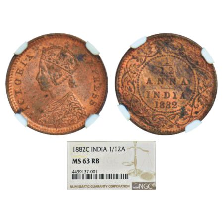 Victoria Empress, copper 1/12 anna, 1882, Calcutta mint, B/'C' incused, PR 788; GK 893. NG