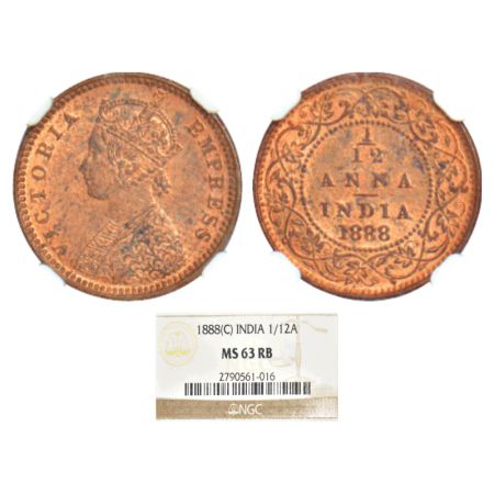 Victoria Empress, copper 1/12 anna, 1888, Calcutta mint, B/no mint mark, PR 793; GK 908. N