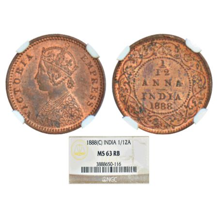 Victoria Empress, copper 1/12 anna, 1888, Calcutta mint, B/no mint mark, PR 793; GK 908. N