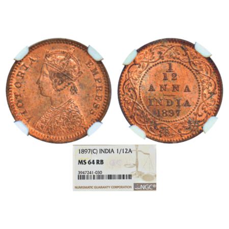 Victoria Empress, copper 1/12 anna, 1897, Calcutta mint, B/no mint mark, PR 802; GK 918. N