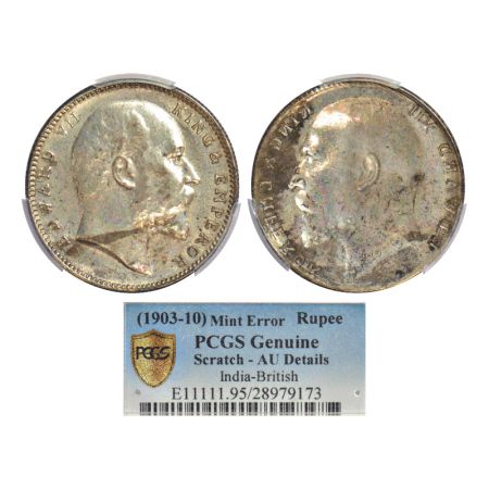 Edward VII, silver rupee, obverse part brockage (Lakhi) on reverse. PCGS graded Genuine Sc