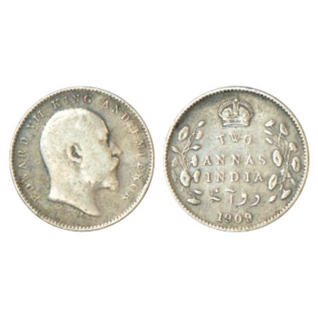 Edward VII, silver 2 annas, 1909, Calcutta mint, no mint mark, PR 562; GK 986, 1.41g. Ligh