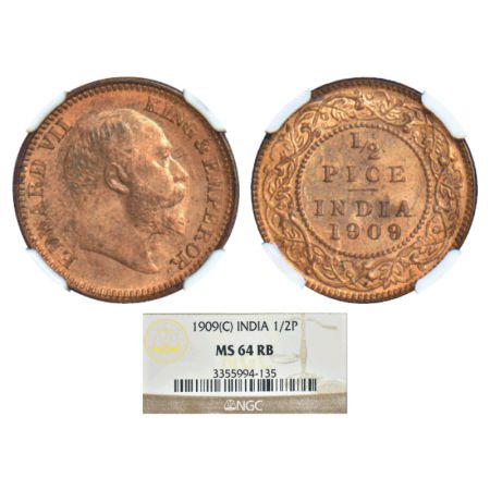 Edward VII, copper ½ pice, 1909, Calcutta mint, GK 1010. NGC graded MS 64RB, Rare.