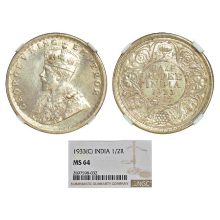George V, silver ½ rupee, 1933, Calcutta mint, no dot, PR 333; GK 1073. NGC graded MS64, R