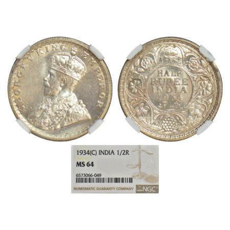George V, silver ½ rupee, 1934, Calcutta mint, no dot, PR 334; GK 1074. NGC graded MS64, R