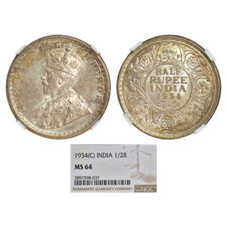 George V, silver ½ rupee, 1934, Calcutta mint, no dot, PR 334; GK 1074. NGC graded MS64, R