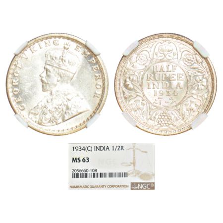 George V, silver ½ rupee, 1934, Calcutta Mint, PR 334; GK 1074. NGC graded MS63, Very scar