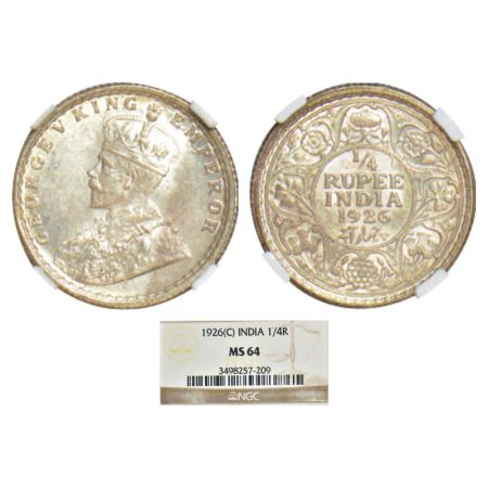 George V, silver ¼ rupee, 1926, Calcutta mint, GK 1094. NGC graded MS64, Rare.