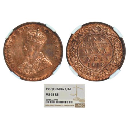 George V, copper ¼ anna, 1916, Calcutta mint, no dot, PR 661; GK 1175. NGC graded MS 65RB,