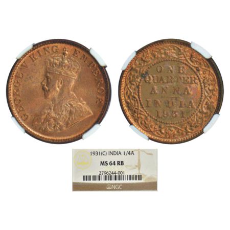 George V, copper ¼ anna, 1931, Calcutta mint, no mint mark. PR 672; GK 1192. NGC graded MS