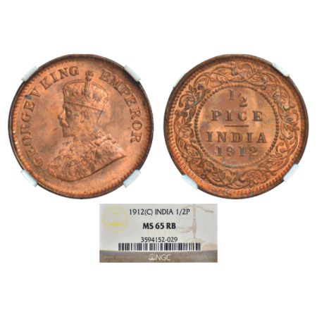 George V, copper ½ pice, 1912, Calcutta mint, GK 1198. NGC graded MS 65RB, Rare.
