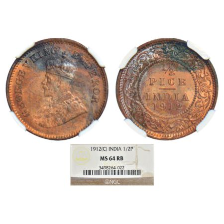 George V, copper ½ pice, 1912, Calcutta mint, GK 1198. NGC graded MS 64RB, Very scarce.