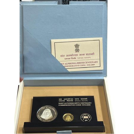 2009, Saint Alphonsa Birth Centenary, special VVIP proof set of 2 coins, 100 rupees and 5 