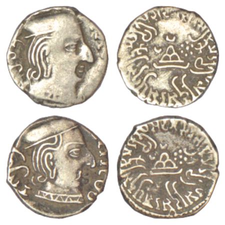 Western Kshatrapas, Kardamaka dynasty, two silver drachms of Damasena as Mahakshatrapa (c.