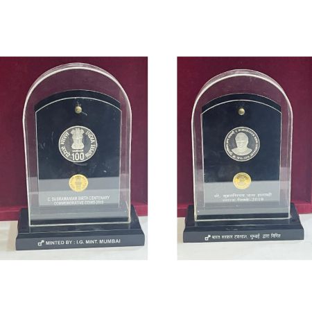 2010, C. Subramaniam Birth Centenary, special VIP proof set of 2 coins, 100 rupees and 5 r