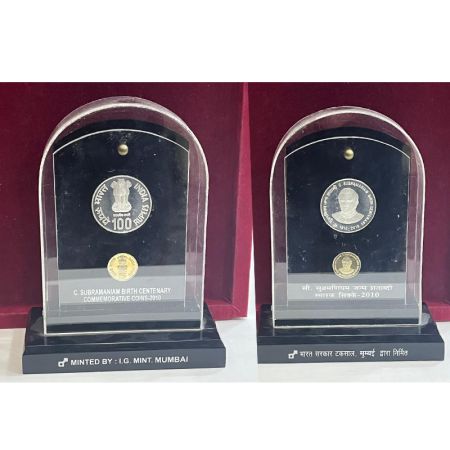 2010, C. Subramaniam Birth Centenary, special VIP proof set of 2 coins, 100 rupees and 5 r