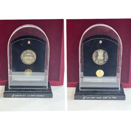 2011, 100 Years of Civil Aviation India, special VIP proof set of 2 coins, 100 rupees and 
