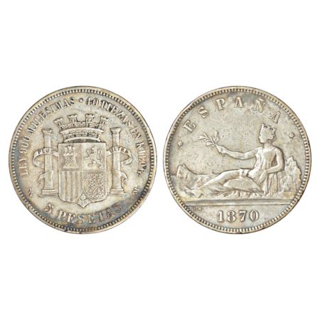 Spain, Provisional Government, silver 5 pesetas, 1870, KM 655, 24.69g. Very fine, Scarce.