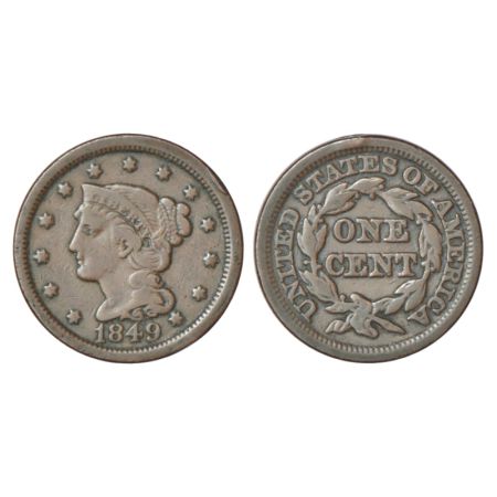 United States of America, copper cent, 10.72g. 'Braided Hair' type, 1849, KM 67. Good very