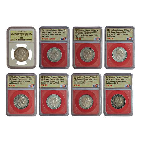 A group of 8 British India silver rupee of William IV, all coins dated 1835, Calcutta mint