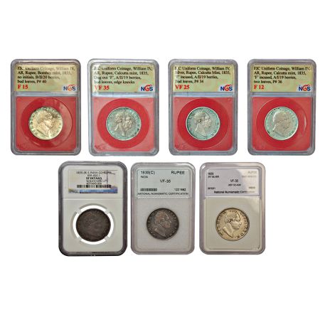 A group of 7 British India silver rupee of William IV, all coins dated 1835, 2x Bombay min