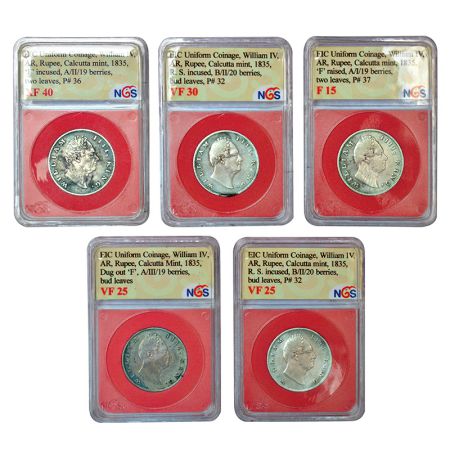 A group of 5 British India silver rupee of William IV, all coins dated 1835, 4x Bombay min