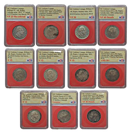 A group of 11 British India silver rupees, 6x William IV, 1835, Bombay and Calcutta mint a