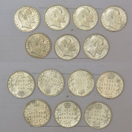 A group of 7 British India silver rupee of Edward VII, includes 2x 1903 and 5x 1905, Bomba