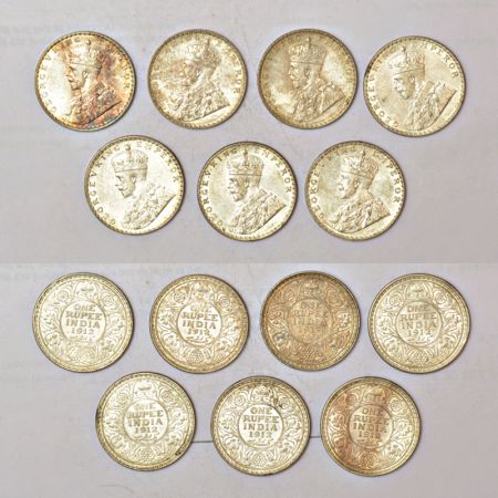A group of 7 British India silver rupee of George V, all coins dated 1912, Bombay mint. (7
