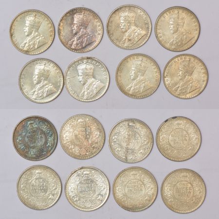 A group of 8 British India silver rupee of George V, dated 1912, 1914, 1916, 1918, 1919, 1
