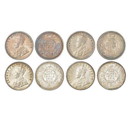 A group of 4 British India silver rupee of George V, 2x 1915, Calcutta mint and 2x 1916, B