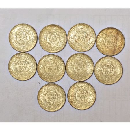 A group of 10 British India silver rupee of George V, all coins dated 1921, Bombay mint. (