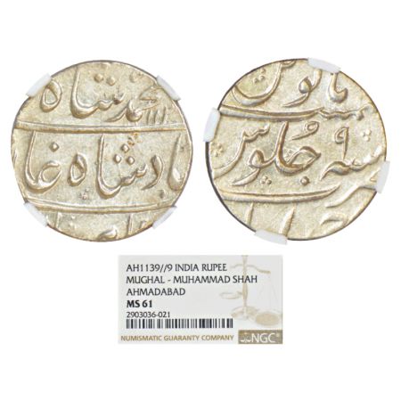 Muhammad Shah (1719-1748 AD), silver rupee, Ahmadabad mint, AH 113x/RY 9, KM 436.1. NGC gr