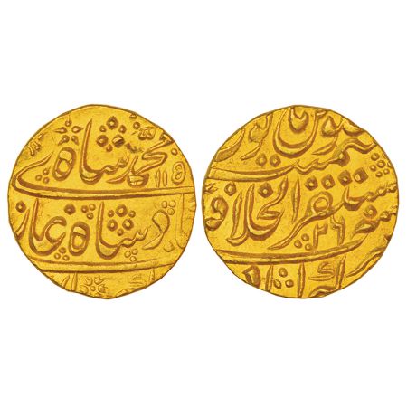 Muhammad Shah (1719-1748 AD), gold mohur, Mustaqir ul-Khilafat Akbarabad mint, AH 115x/RY 