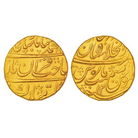 Muhammad Shah (1719-1748 AD), gold mohur, Dar ul-Khilafat Shahjahanabad mint, AH 11xx/RY 1