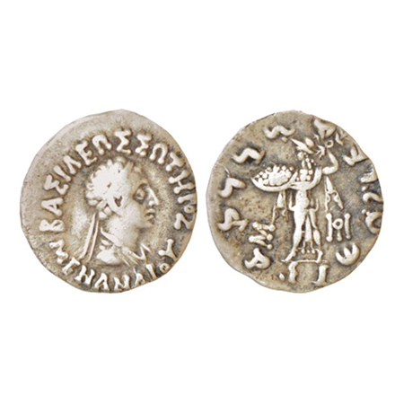 Indo Greeks, Menander I (c. 155-130 BC), silver drachm, 2.29g. Obv: Diademed bust of the k