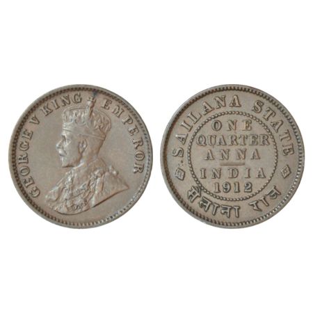 Sailana, Jaswant Singh (1890-1919 AD), copper ¼ anna, AD 1912, KM 16, 4.81g. Obv: Portrait