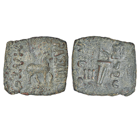 Indo-Scythians, Maues (90-60 BC), copper coin, ISCH 6.1, 4.69g. Obv: Horse facing right; G