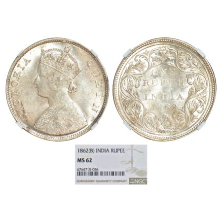 Victoria Queen, silver rupee, 1862, Bombay mint, B/II/2/0, PR 71; GK 287. NGC graded MS 62