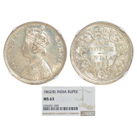 Victoria Queen, silver rupee, 1862, Bombay mint, A/II/0/5, without initial J, PR 85. NGC g